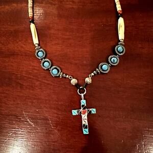 E & J Sterling Silver Turquoise Southwestern Necklace Western Beaded Cross